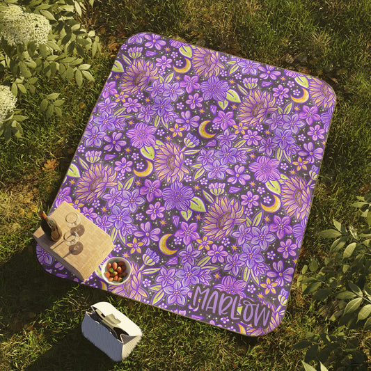 Personalized Purple Floral Picnic Blanket Waterproof