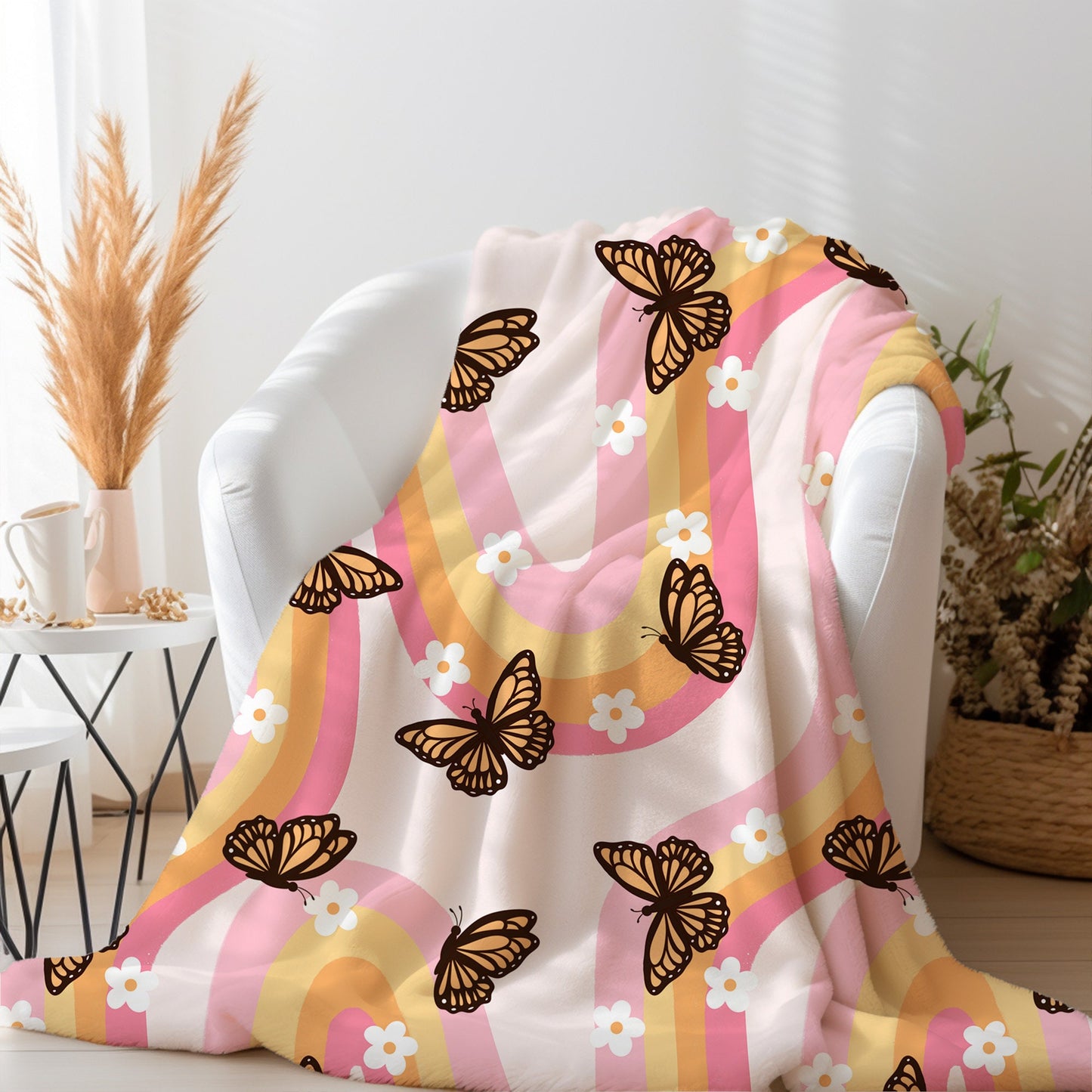Personalized Pink Blanket groovy butterfly design, housewarming gift for her, butterfly lover gift, baby shower gift blanket