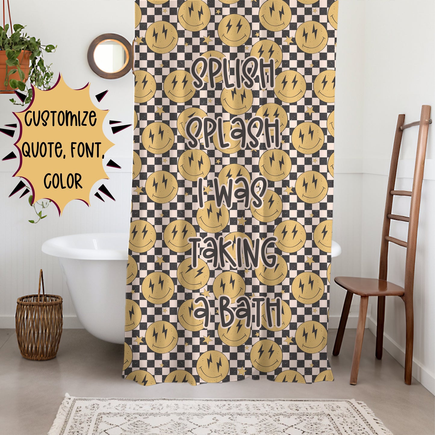 Smiley Face Shower Curtain Personalized boys, kids shower curtain retro, shower curtain boho, custom shower curtain, vintage shower curtain