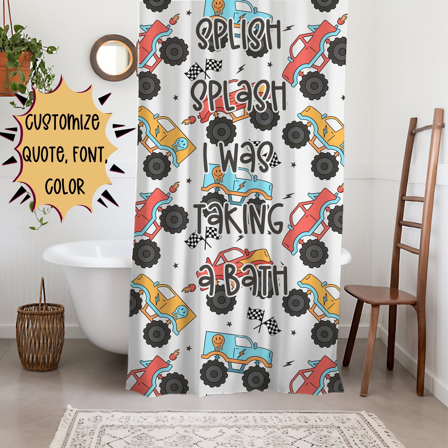Shower Curtain Personalized boys, kids shower curtain trucks, custom shower curtain, kids bathroom decor boys