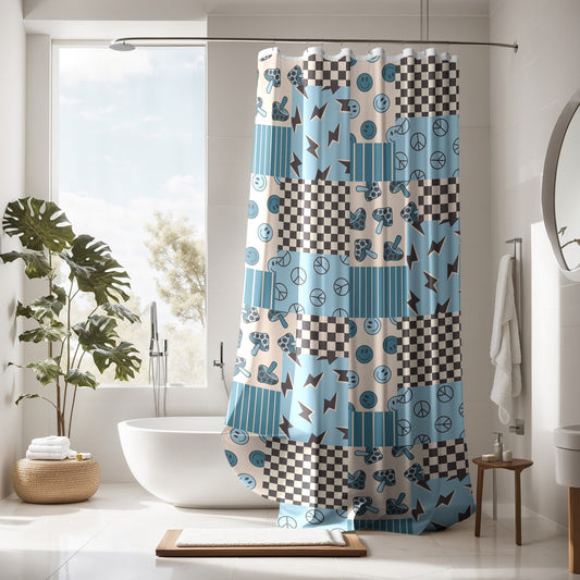 Shower Curtain Personalized boys patchwork, kids shower curtain retro, shower curtain boho, custom shower curtain, vintage shower curtain