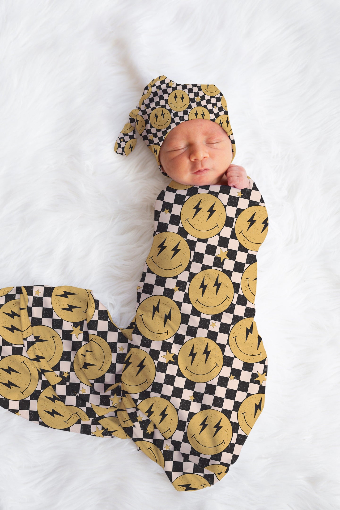 Personalized Boy Swaddle Hat Set Smiley Face