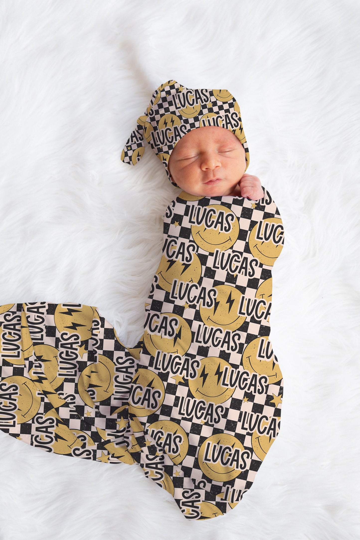 Personalized Boy Swaddle Hat Set Smiley Face