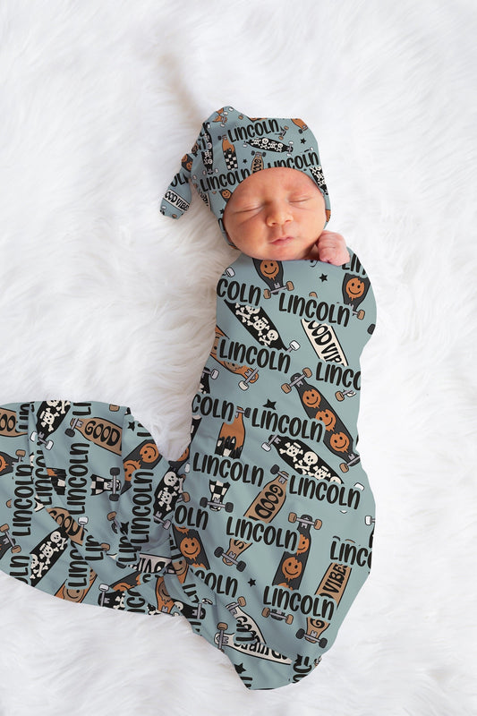Personalized Baby Boy Swaddle Blanket Hat Set, skateboard swaddle, blue hospital reveal outfit baby boy baby shower gift receiving blanket