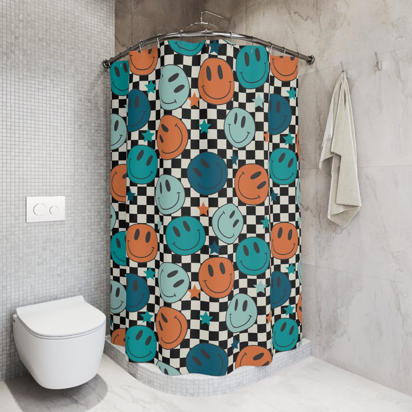 Smiley Face Shower Curtain Personalized boys, kids shower curtain retro, shower curtain boho, custom shower curtain, vintage shower curtain