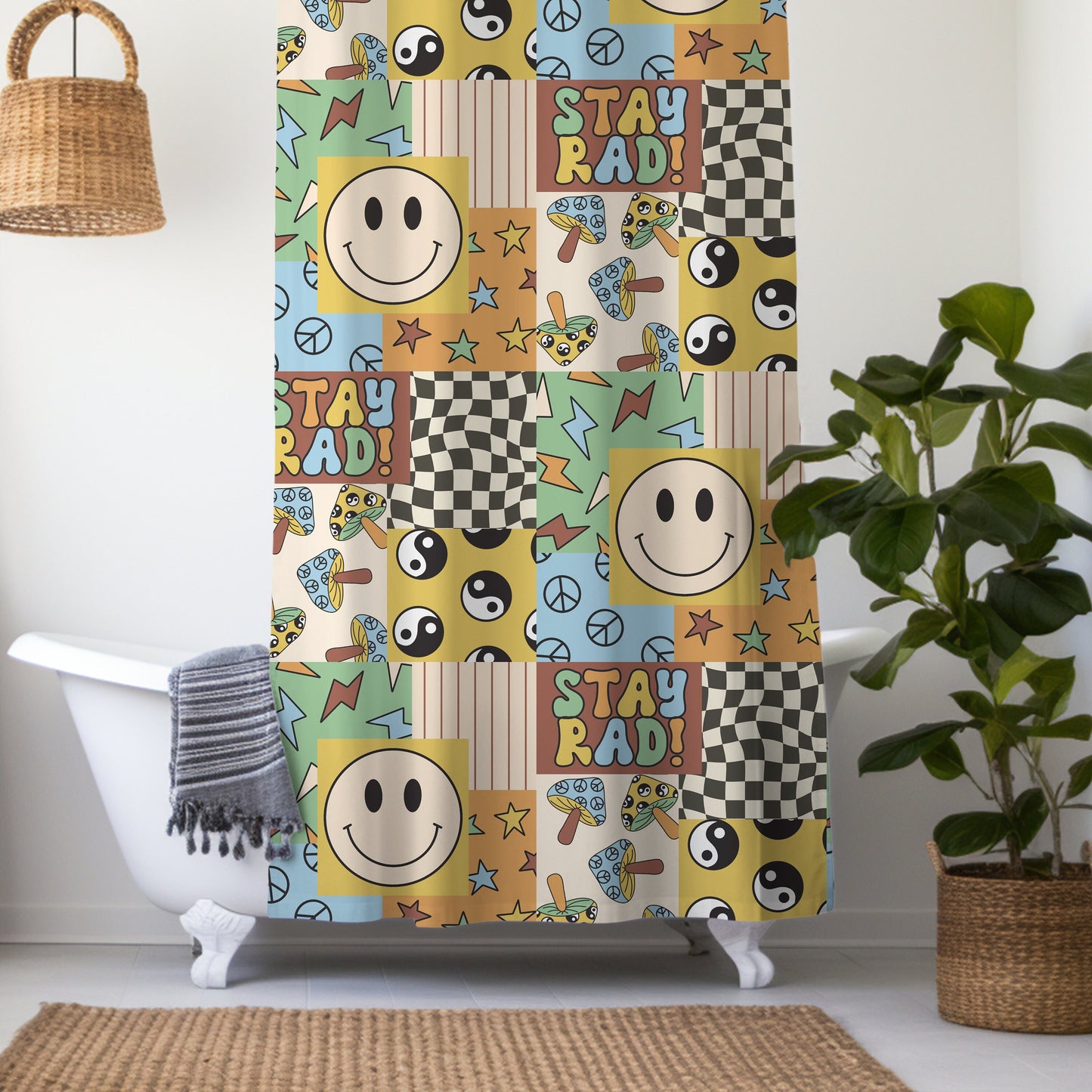 Shower Curtain Personalized boys patchwork, kids shower curtain retro, shower curtain boho, custom shower curtain, vintage shower curtain