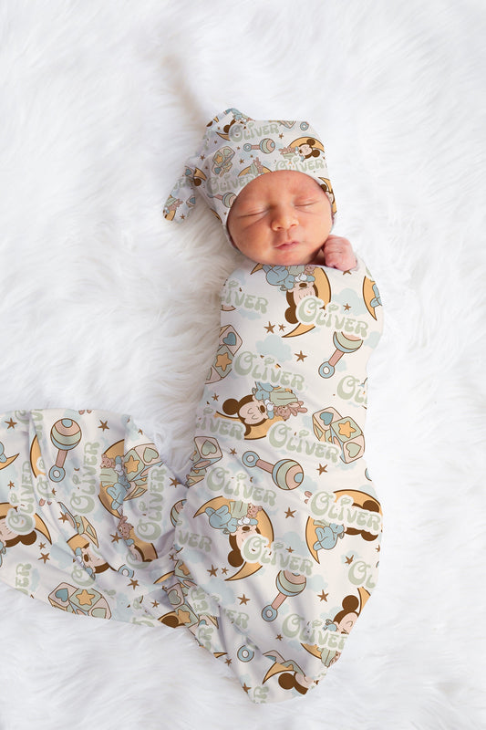 Personalized Disney Swaddle set bow hat, custom name Newborn going home swaddle, boys hospital reveal, micky mouse swaddle