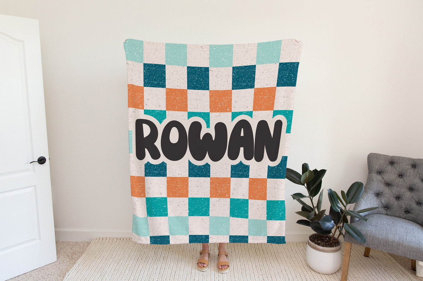 Personalized Checkered blanket for boy, Blue checker throw, birthday gift for him custom name blanket baby shower gift birthday gift for boy