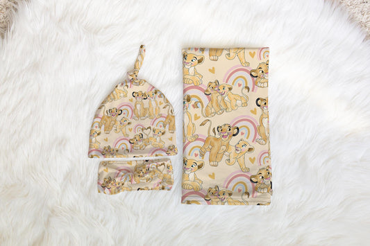 Custom Lion King Swaddle and bow set newborn, Swaddle and hat set, Newborn girl hospital reveal outfit, baby shower gift, stretchy swaddle