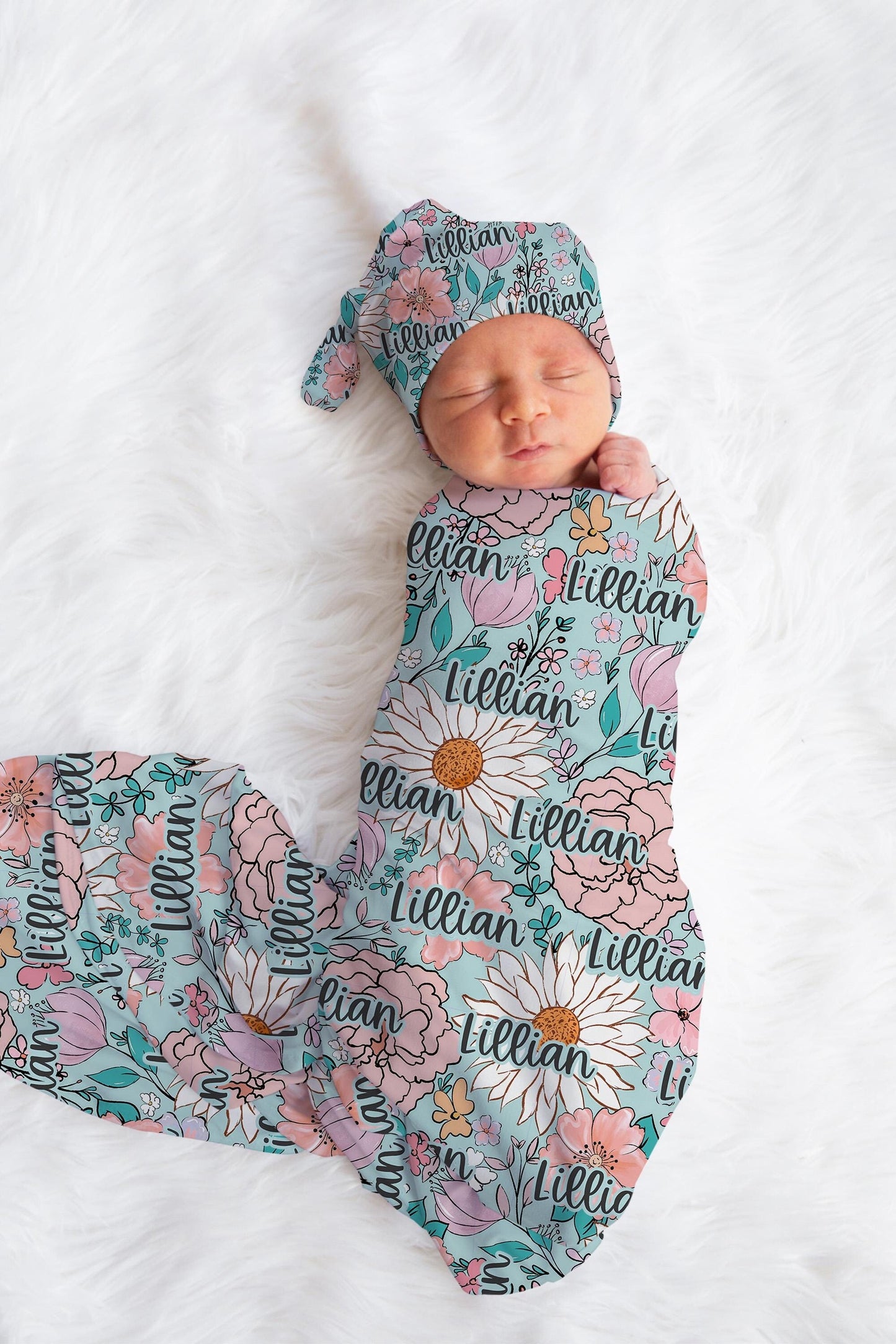 Custom Floral Baby Swaddle Blanket newborn boho, coming home hospital announcement reveal outfit, personalized name blanket baby shower gift