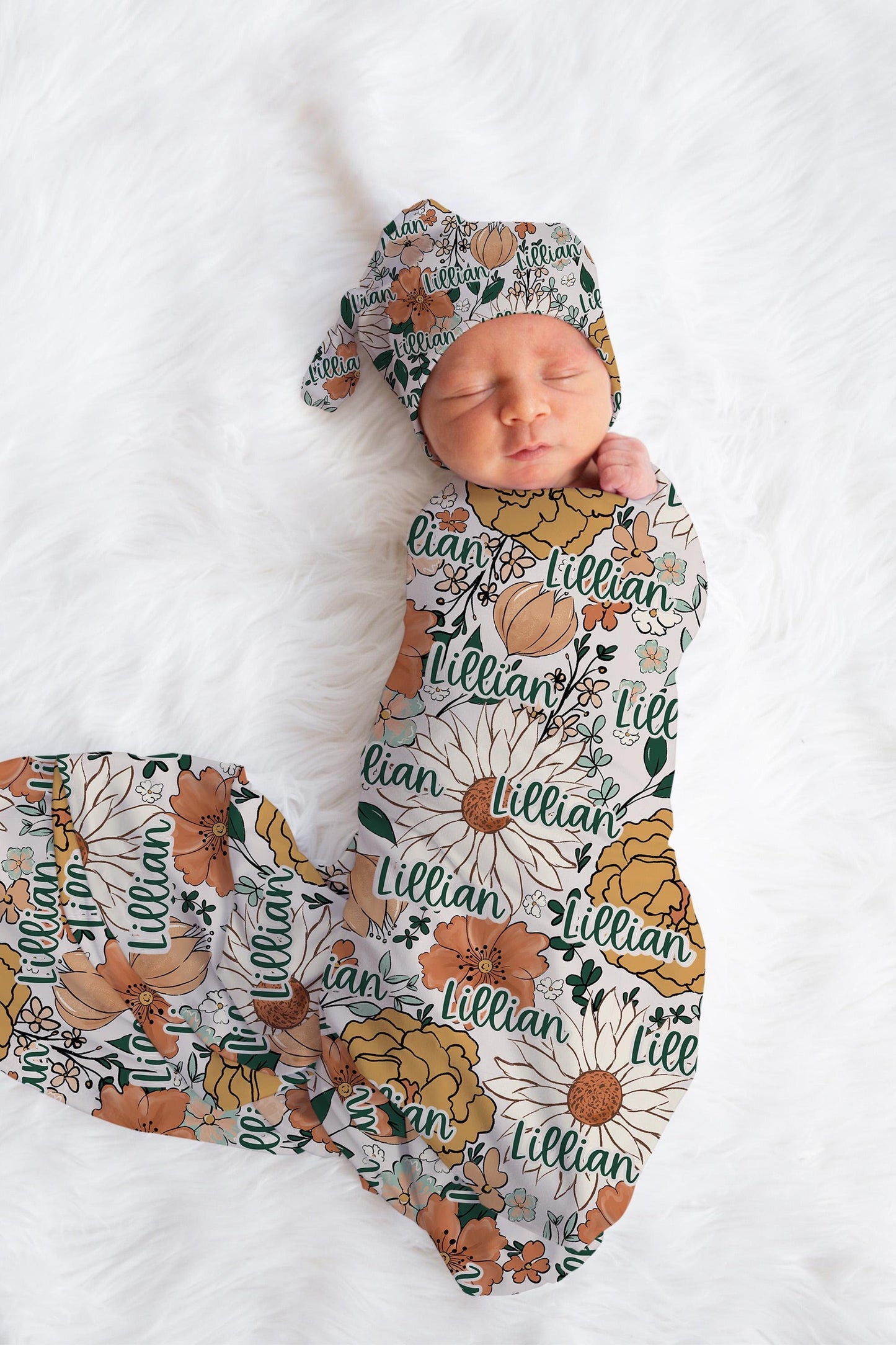 Custom Floral Baby Swaddle Blanket newborn boho, coming home hospital announcement reveal outfit, personalized name blanket baby shower gift