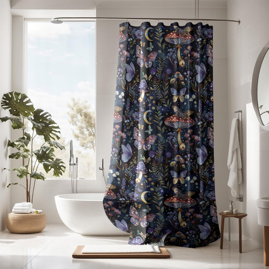 Dark Cottagecore Black Botanical Shower Curtain, Moody Dark Academia, Vintage Apothecary Witchy Eclectic Maximalist Bathroom Decor