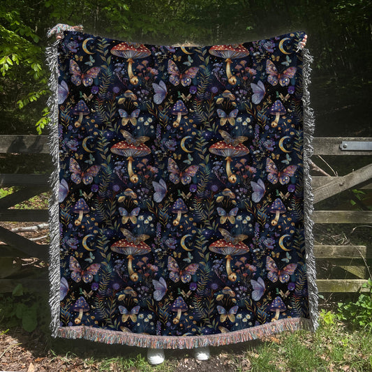 Dark Cottagecore Woven Blankets Black floral moody eclectic decor, dark academia throw