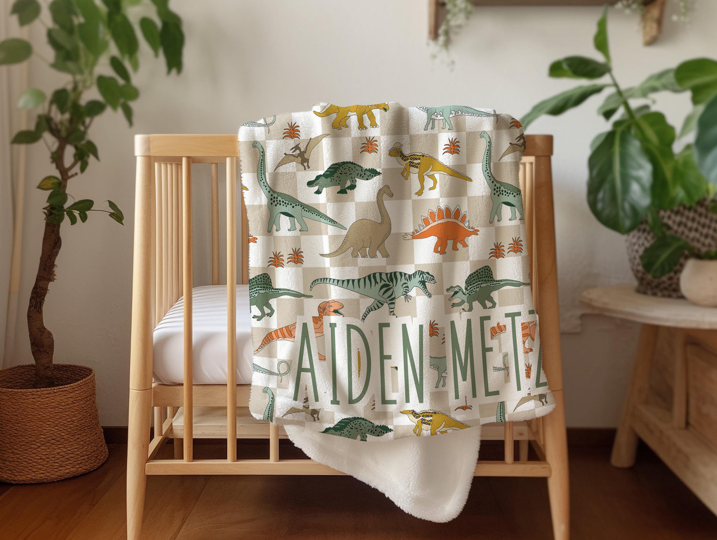 Dinosaur blanket for boys, personalized blanket, checkered throw, birthday gift for him, custom name baby blanket, baby shower gift