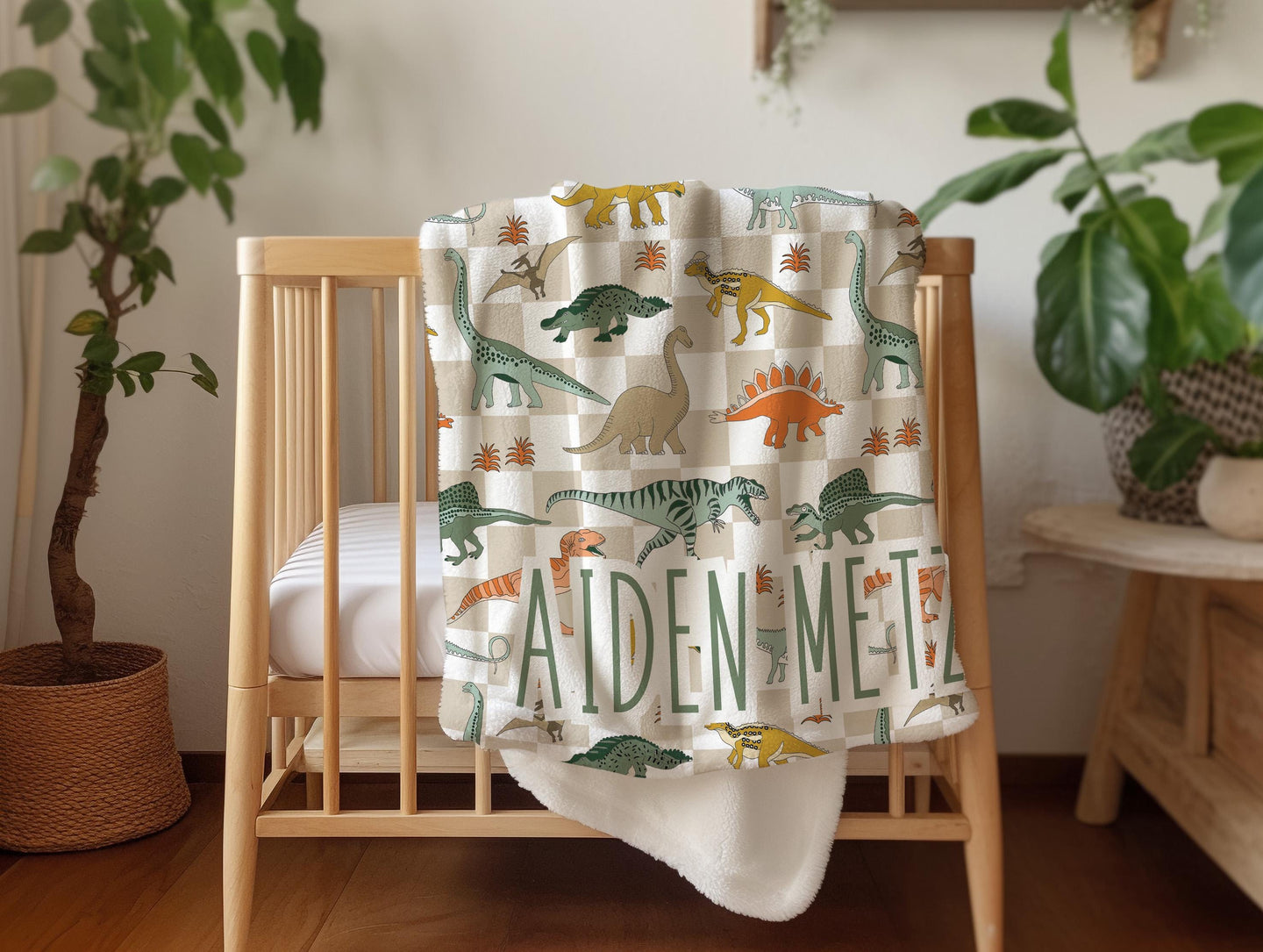 Dinosaur blanket for boys, personalized blanket, checkered throw, birthday gift for him, custom name baby blanket, baby shower gift