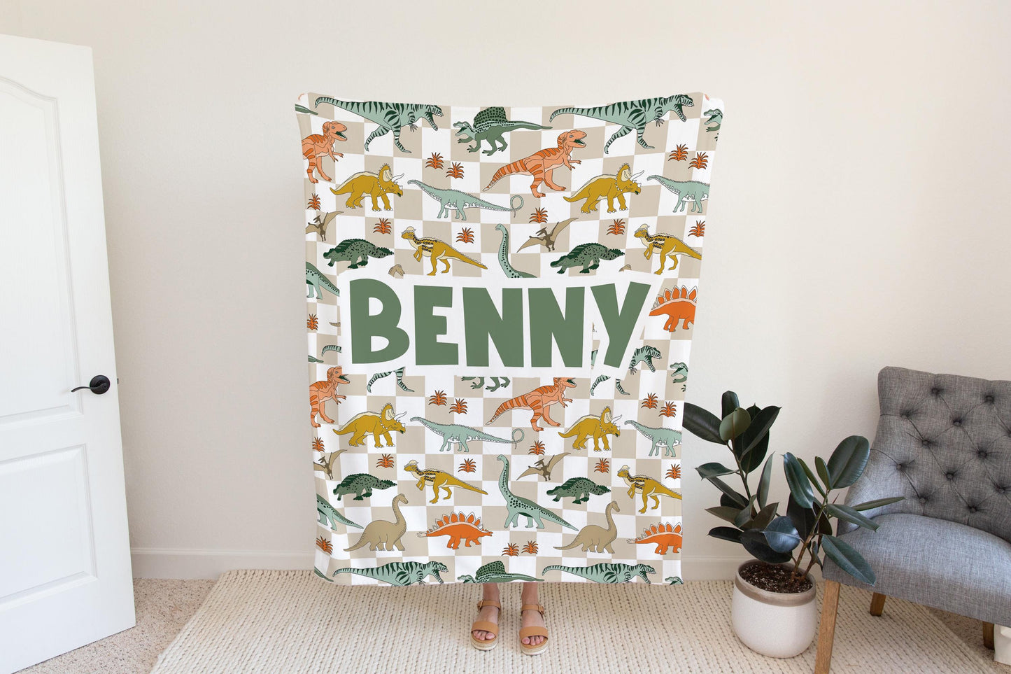 Dinosaur blanket for boys, personalized blanket, checkered throw, birthday gift for him, custom name baby blanket, baby shower gift
