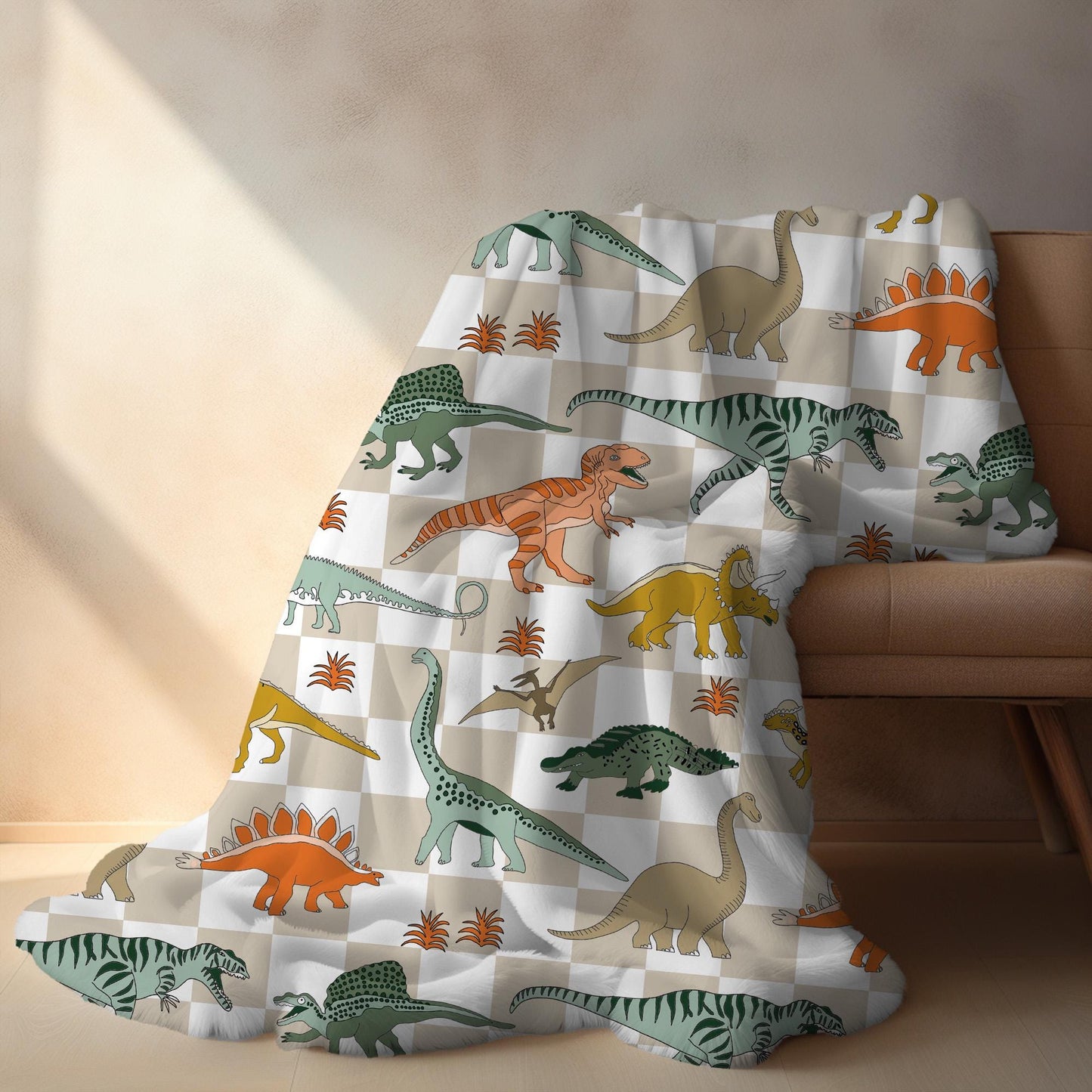 Dinosaur blanket for boys, personalized blanket, checkered throw, birthday gift for him, custom name baby blanket, baby shower gift
