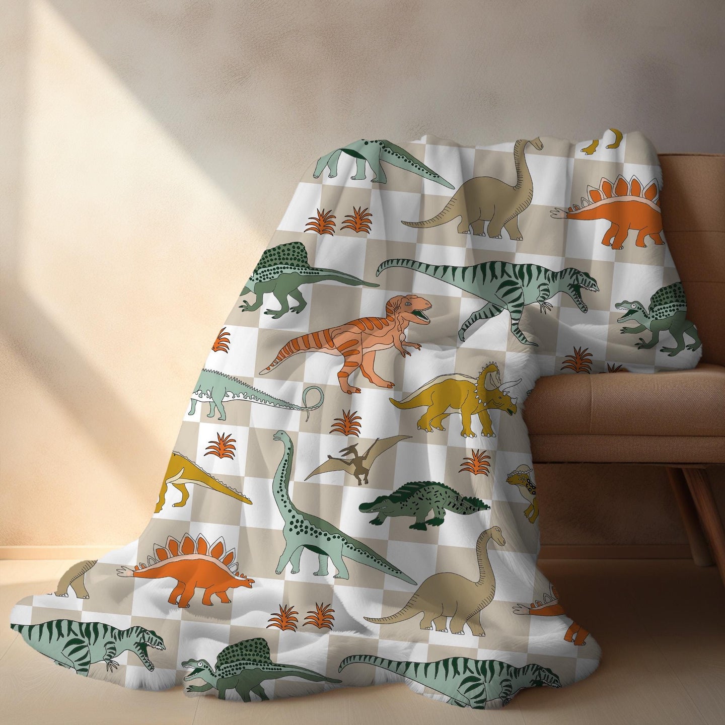 Dinosaur blanket for boys, personalized blanket, checkered throw, birthday gift for him, custom name baby blanket, baby shower gift