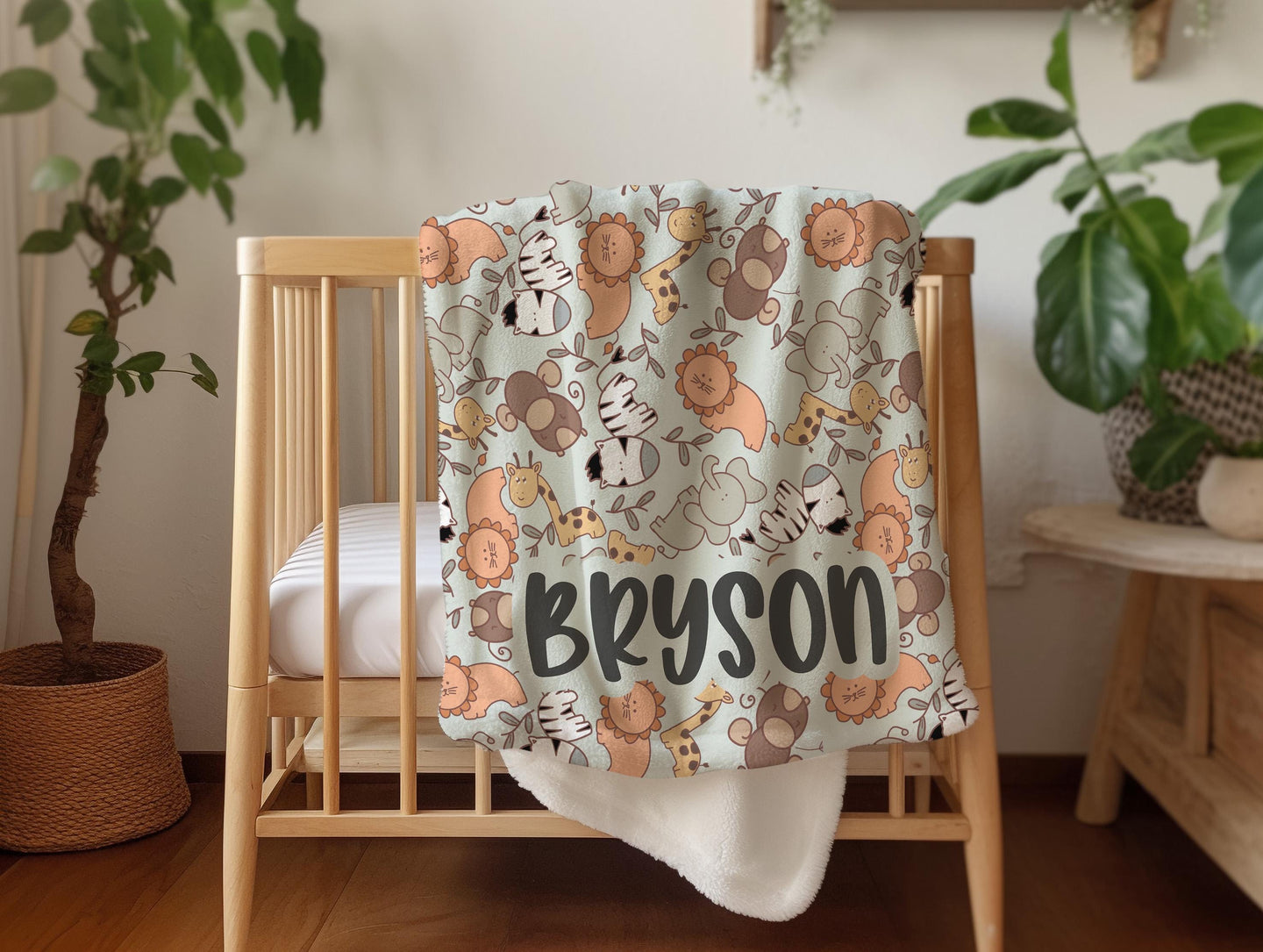 Personalized blanket for boys, safari animal blanket zoo theme, birthday gift for him, custom name baby blanket unisex, baby shower gift