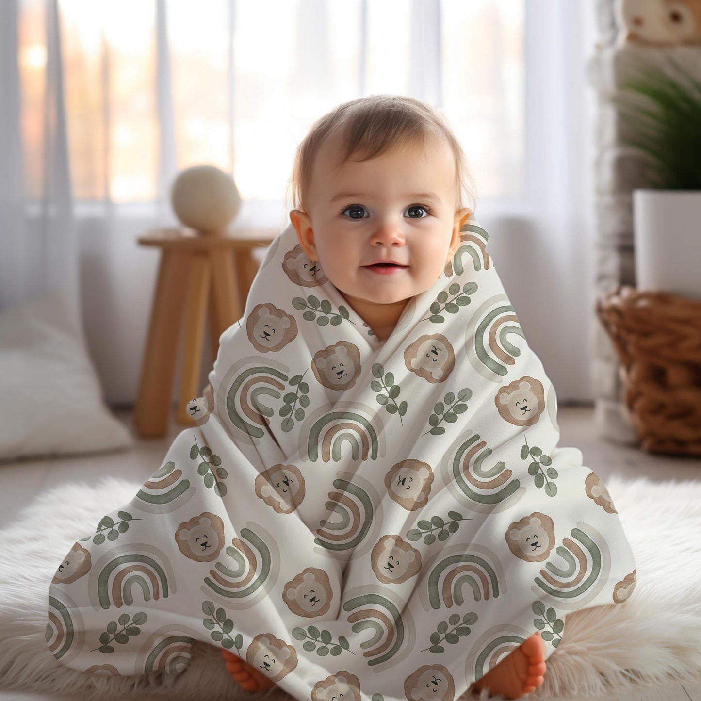 Lion Personalized blanket for boys, rainbow sage green neutral blanket, unisex birthday gift for him, custom name baby blanket baby shower
