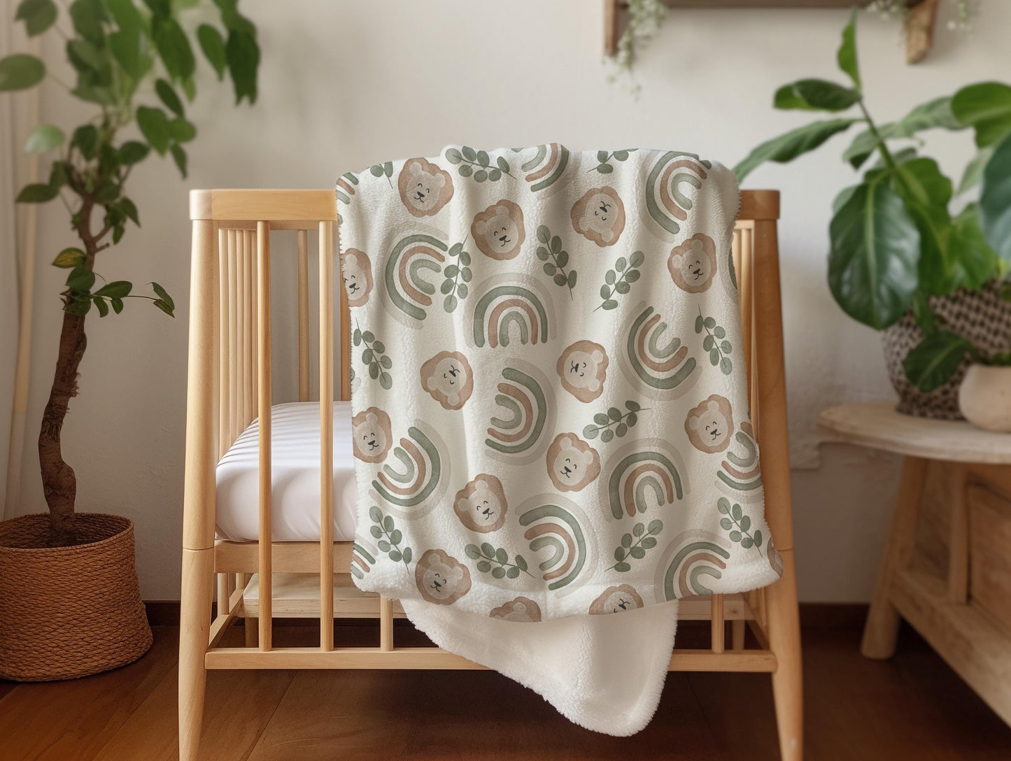 Lion Personalized blanket for boys, rainbow sage green neutral blanket, unisex birthday gift for him, custom name baby blanket baby shower