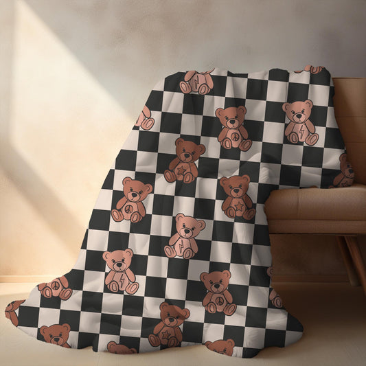 Teddy bear blanket for boys checkered, personalized blanket custom name, birthday gift for him, custom name baby blanket, baby shower gift