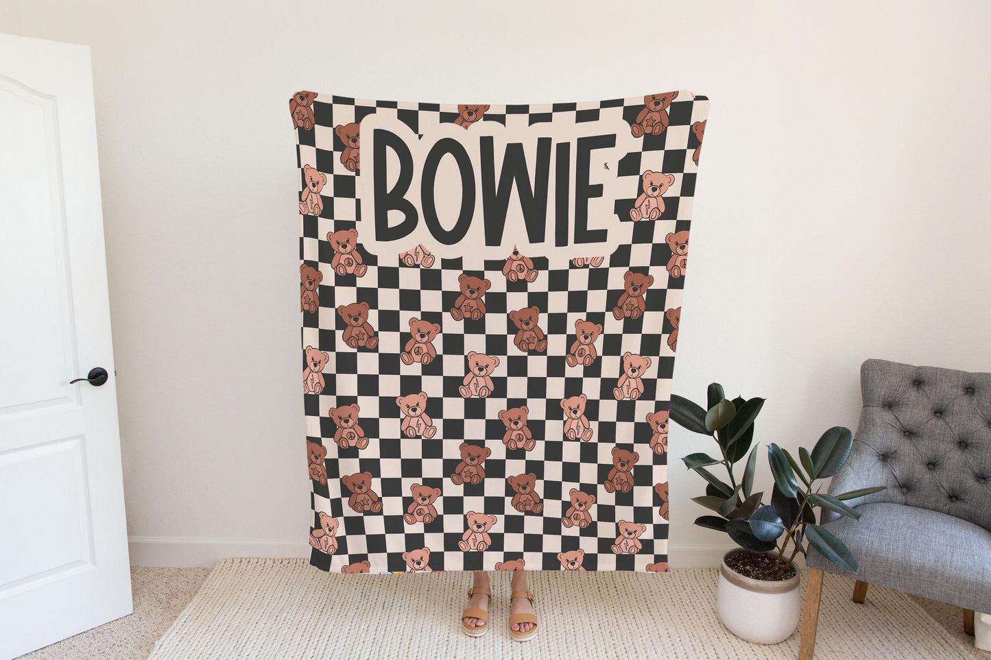 Teddy bear blanket for boys checkered, personalized blanket custom name, birthday gift for him, custom name baby blanket, baby shower gift