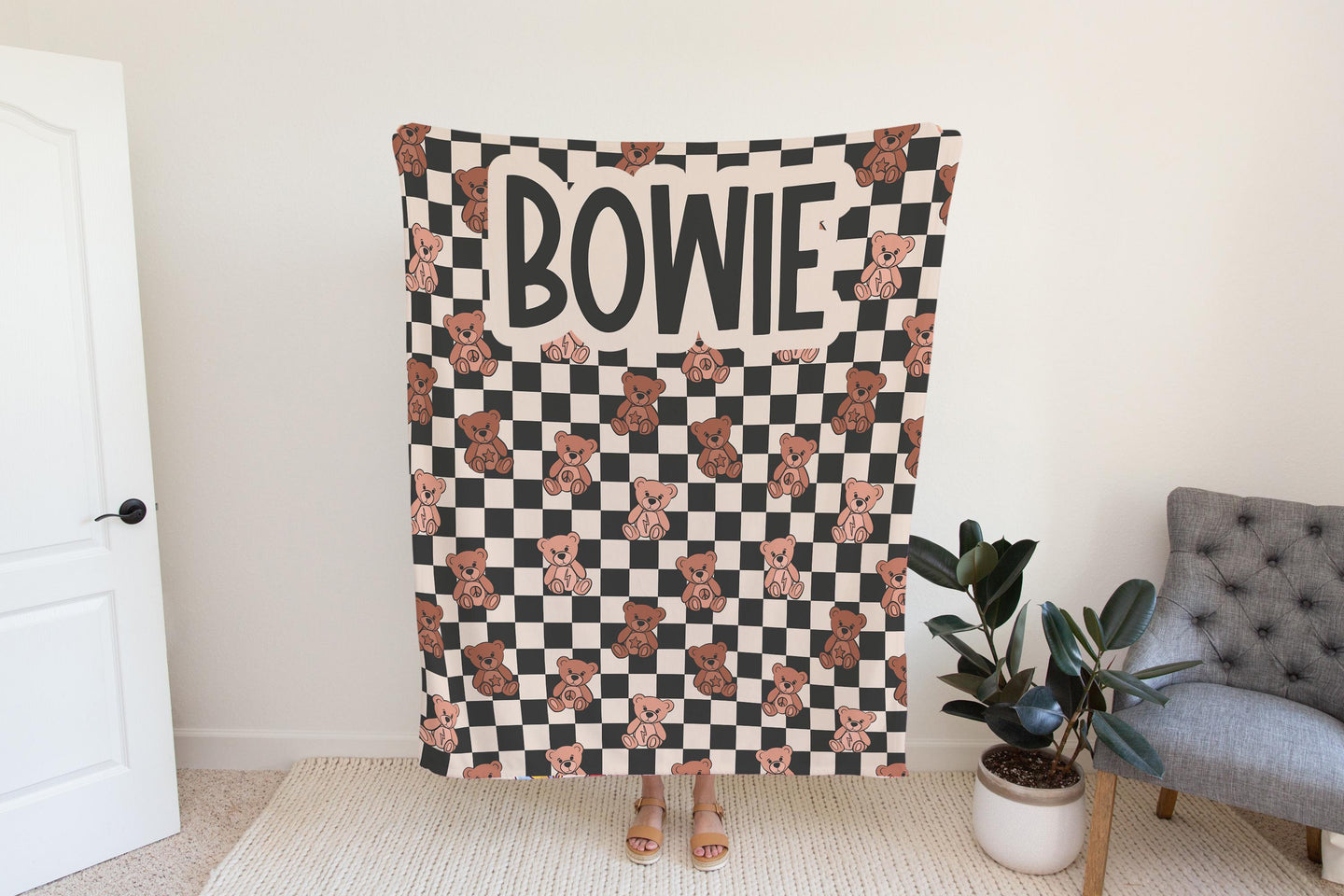Teddy bear blanket for boys checkered, personalized blanket custom name, birthday gift for him, custom name baby blanket, baby shower gift