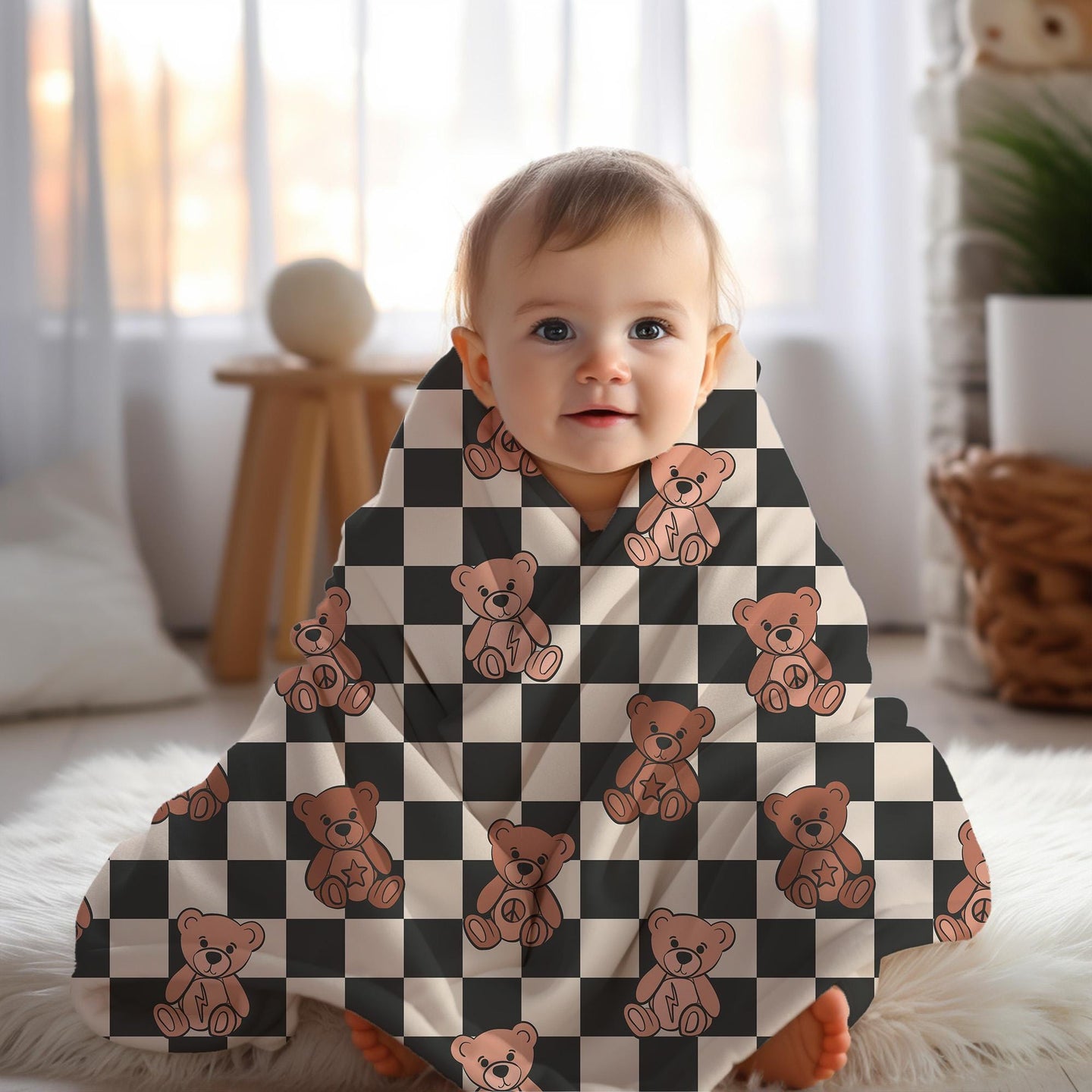 Teddy bear blanket for boys checkered, personalized blanket custom name, birthday gift for him, custom name baby blanket, baby shower gift