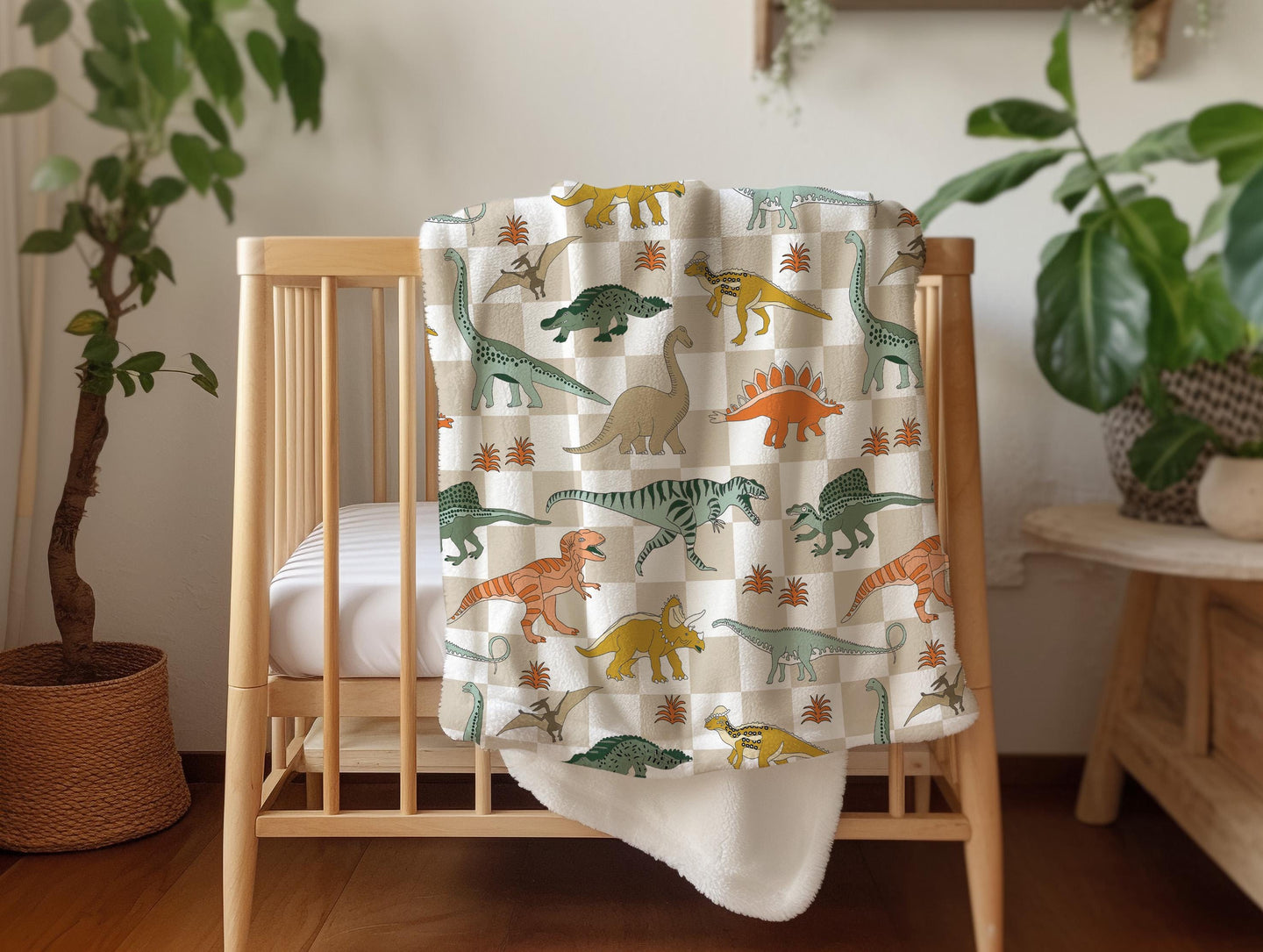 Dinosaur blanket for boys, personalized blanket, checkered throw, birthday gift for him, custom name baby blanket, baby shower gift