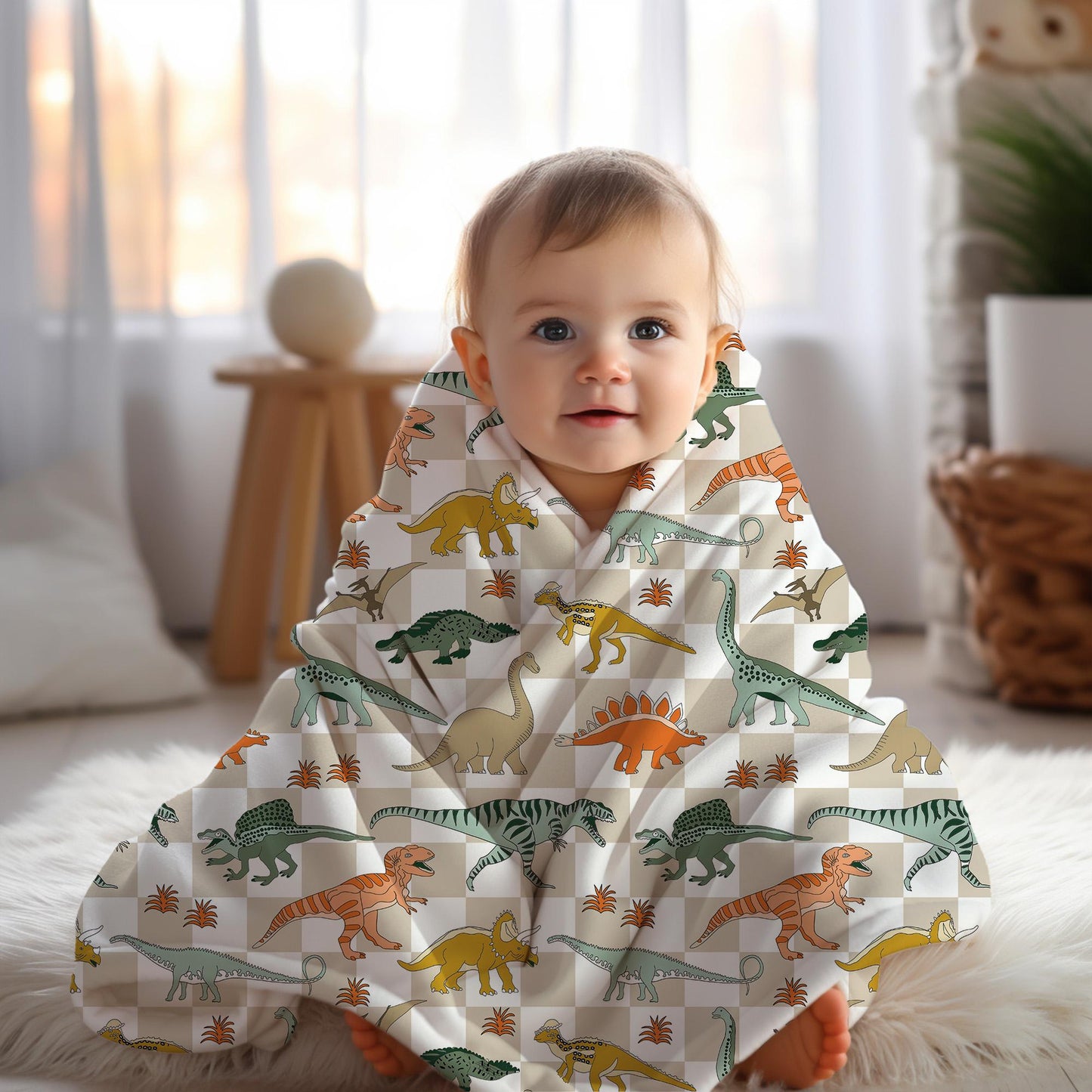Dinosaur blanket for boys, personalized blanket, checkered throw, birthday gift for him, custom name baby blanket, baby shower gift