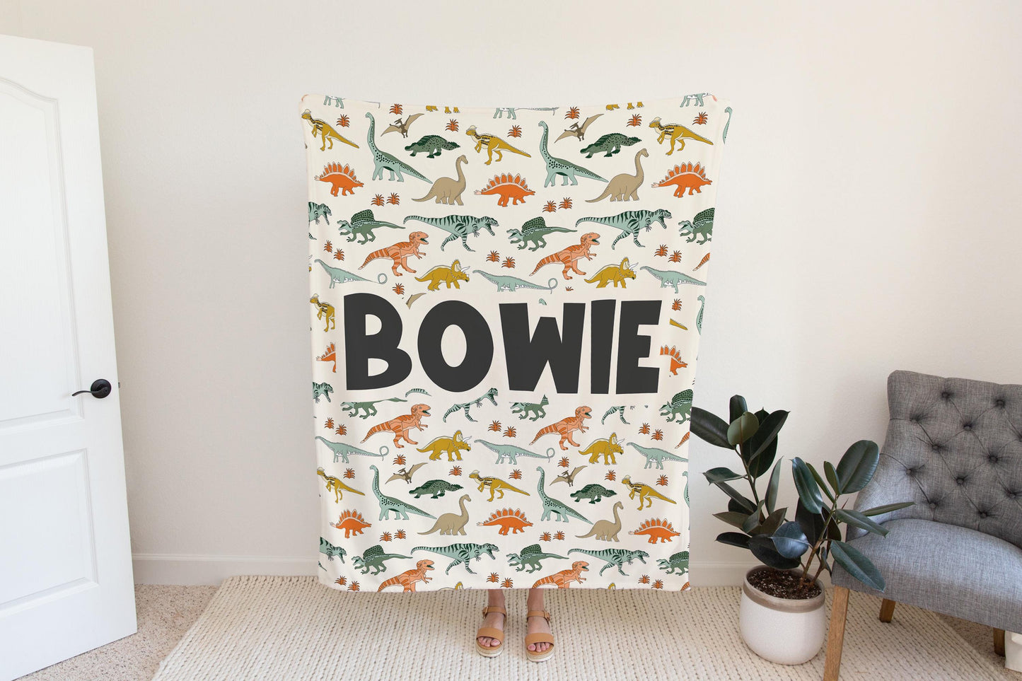 Personalized blanket for boys, Dinosaur blanket, neutral birthday gift for him, custom name baby blanket, baby shower gift