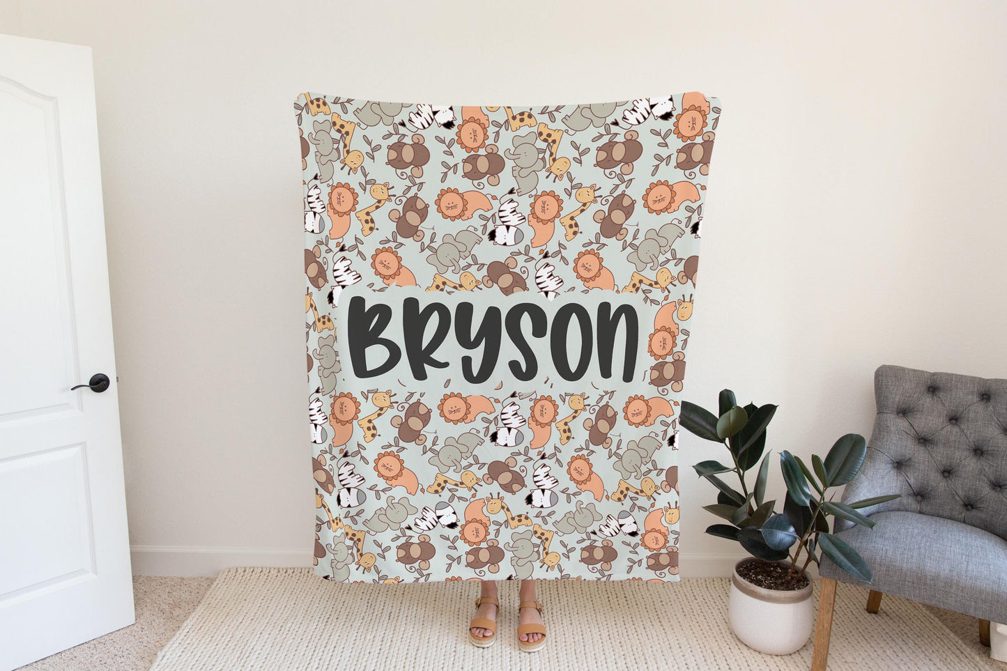 Personalized blanket for boys, safari animal blanket zoo theme, birthday gift for him, custom name baby blanket unisex, baby shower gift
