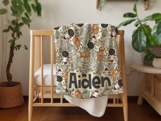 Personalized blanket for boys, safari animal blanket zoo theme, unisex birthday gift for him, custom name baby blanket baby shower gift