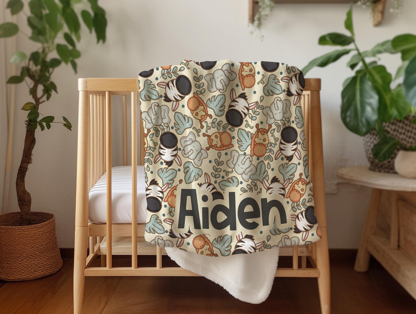 Personalized blanket for boys, safari animal blanket zoo theme, unisex birthday gift for him, custom name baby blanket baby shower gift