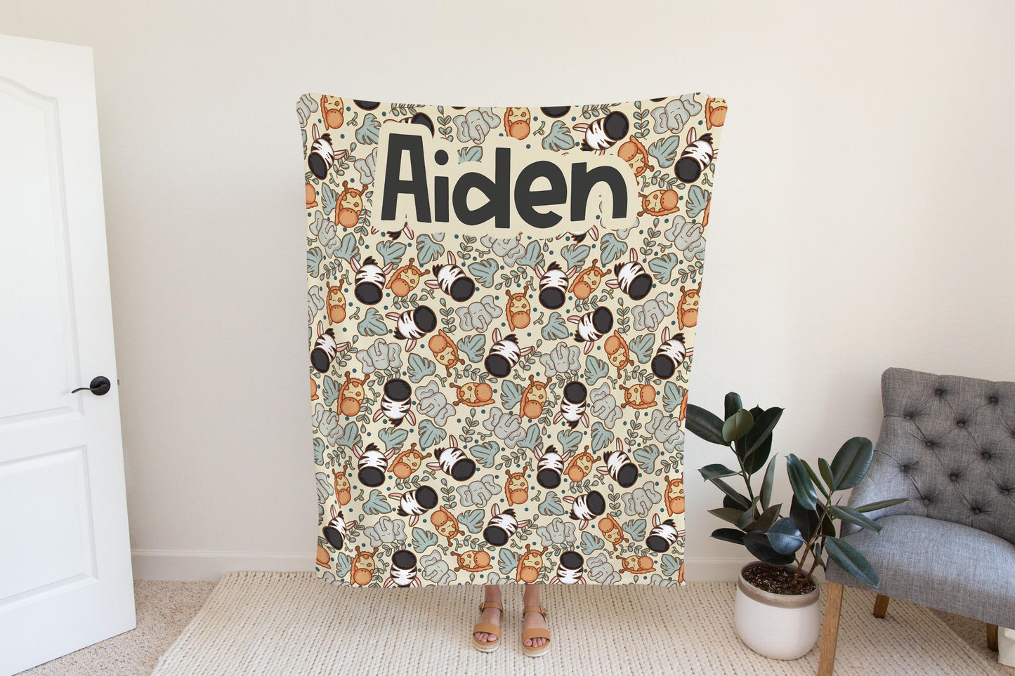 Personalized blanket for boys, safari animal blanket zoo theme, unisex birthday gift for him, custom name baby blanket baby shower gift