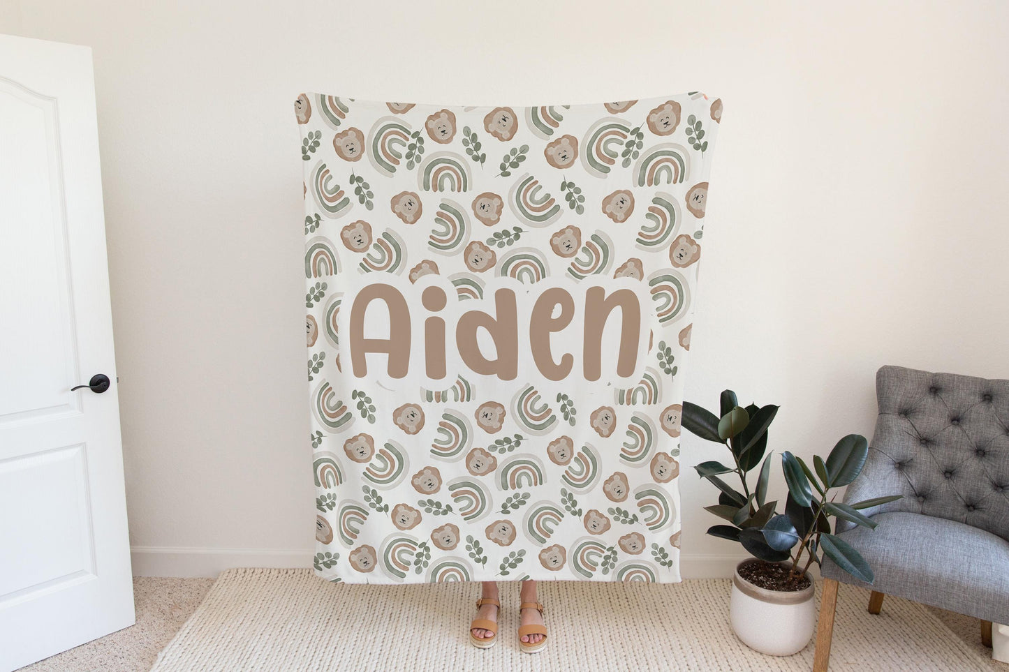 Lion Personalized blanket for boys, rainbow sage green neutral blanket, unisex birthday gift for him, custom name baby blanket baby shower