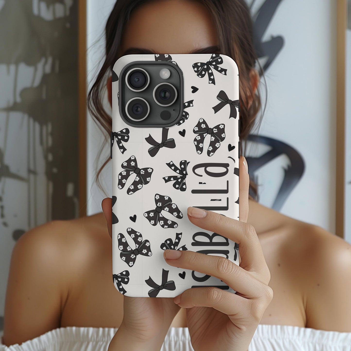 Custom black bow phone case iphone 16, 15, 14, 13 Pro Max, MAGSAFE Iphone case coquette, TOUGH Vintage black cream personalized phone case