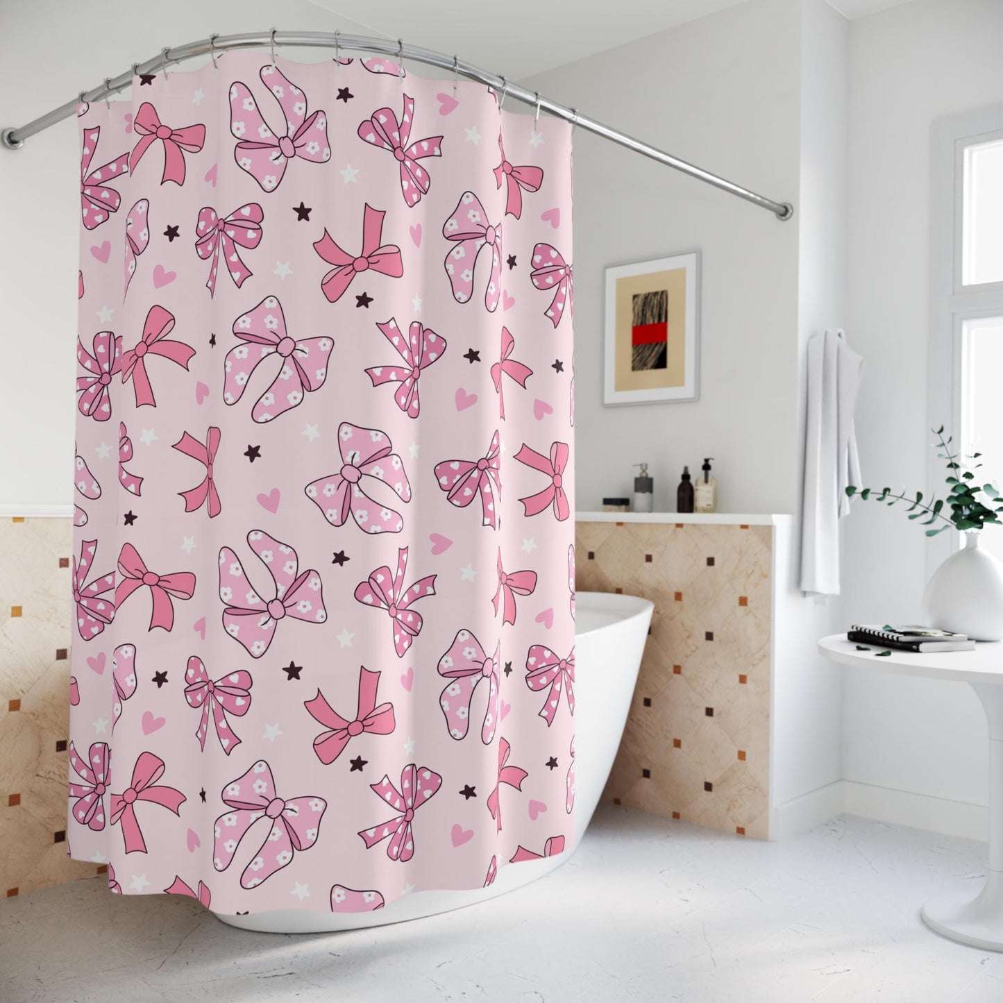 Pink Bow Shower Curtain Coquette decor, custom trendy coquette bathroom decor, preppy shower curtain, aesthetic bathroom decor personalized