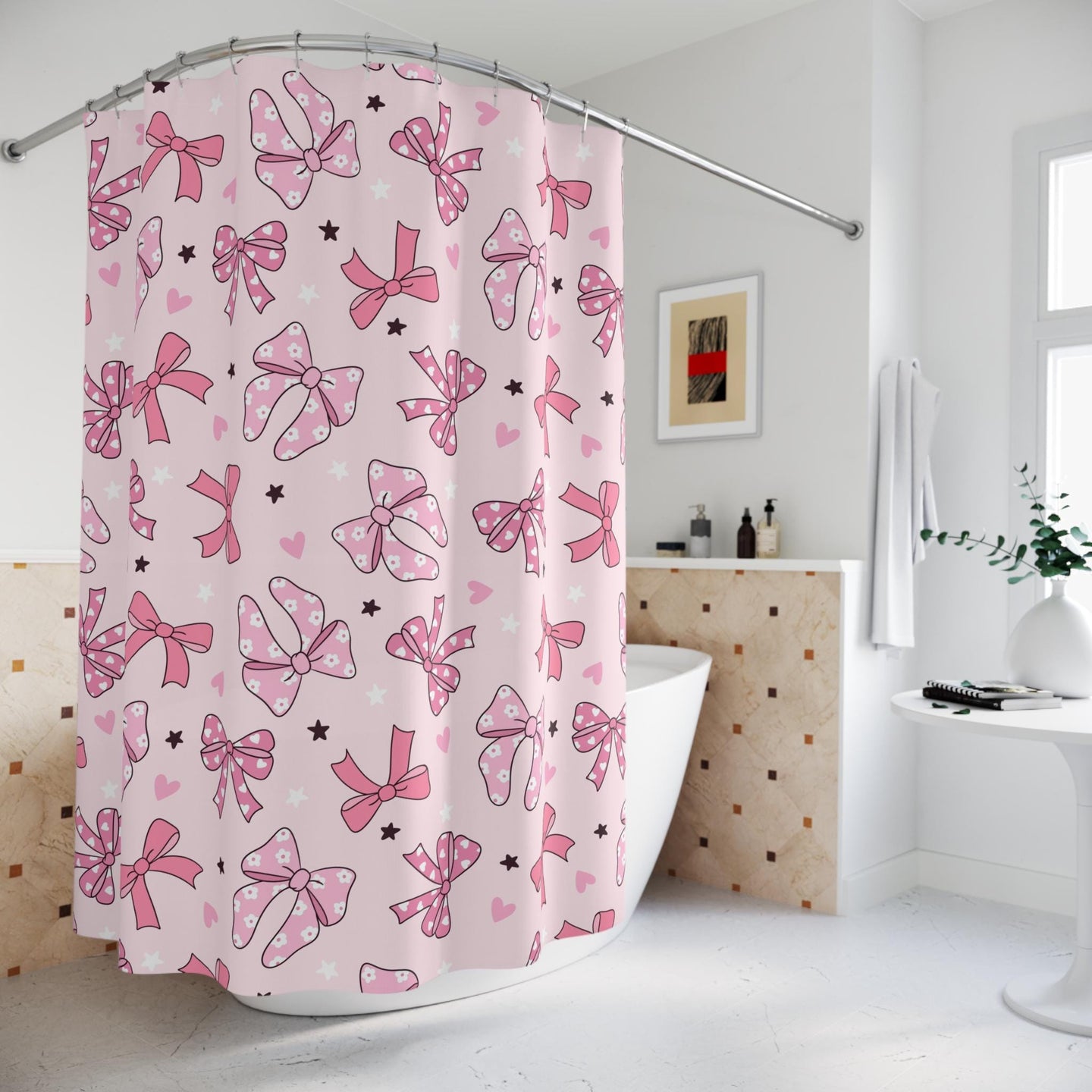 Pink Bow Shower Curtain Coquette decor, custom trendy coquette bathroom decor, preppy shower curtain, aesthetic bathroom decor personalized