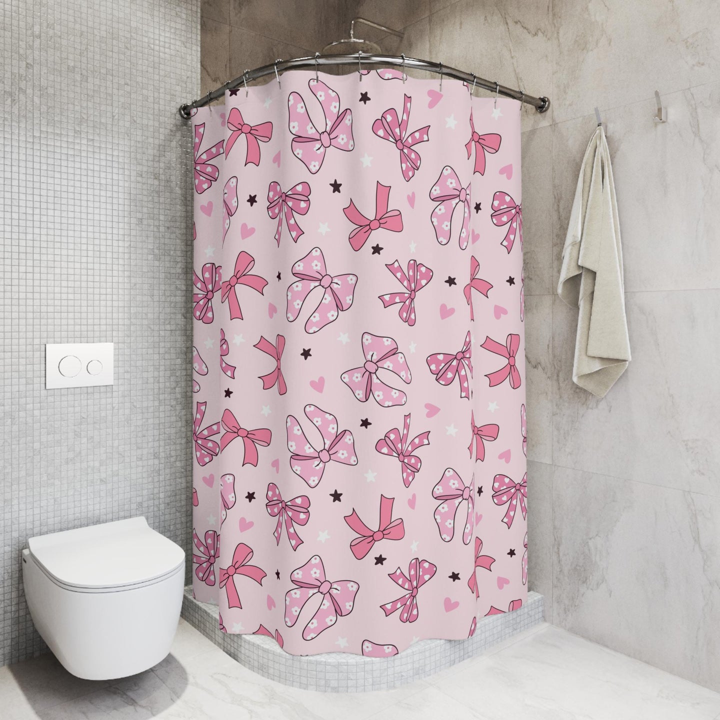 Pink Bow Shower Curtain Coquette decor, custom trendy coquette bathroom decor, preppy shower curtain, aesthetic bathroom decor personalized