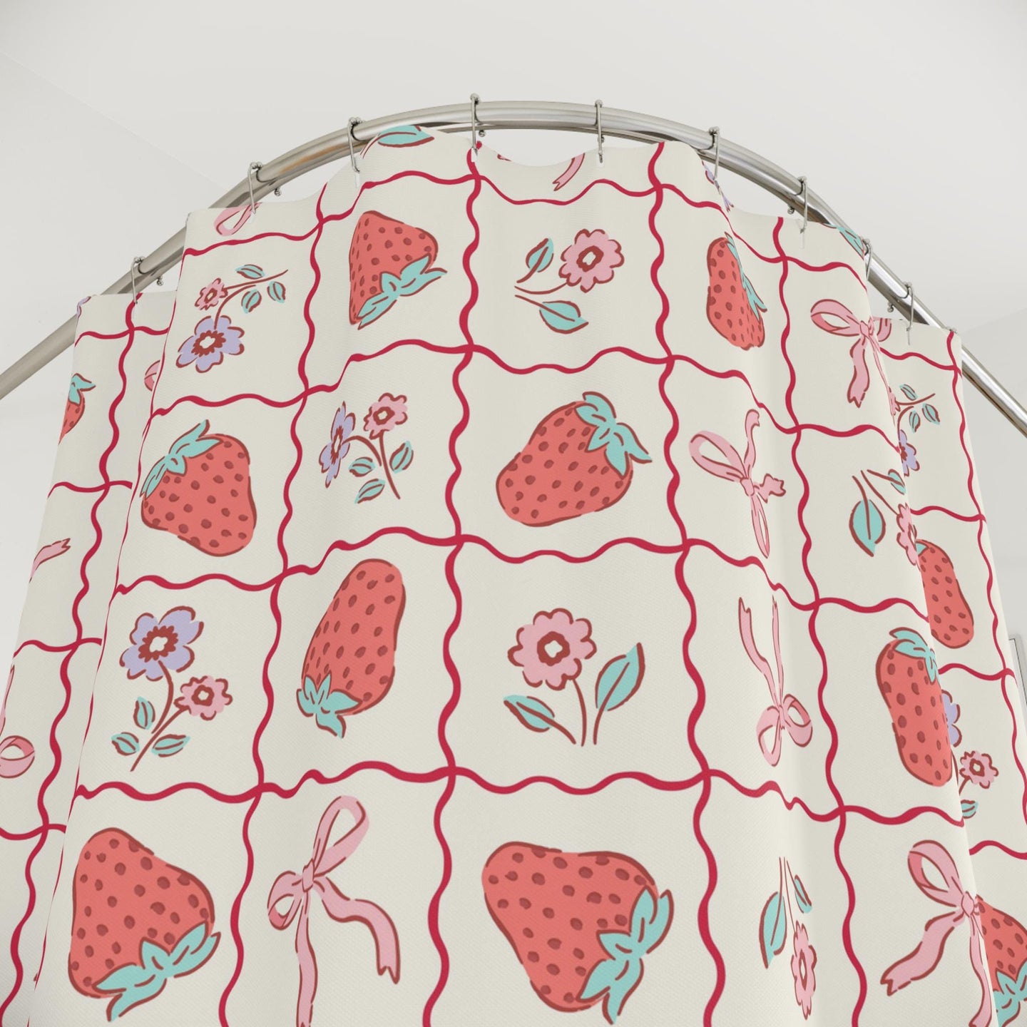 Strawberry Bow Shower Curtain Coquette decor, custom trendy coquette bathroom decor, preppy shower curtain, aesthetic bathroom personalized