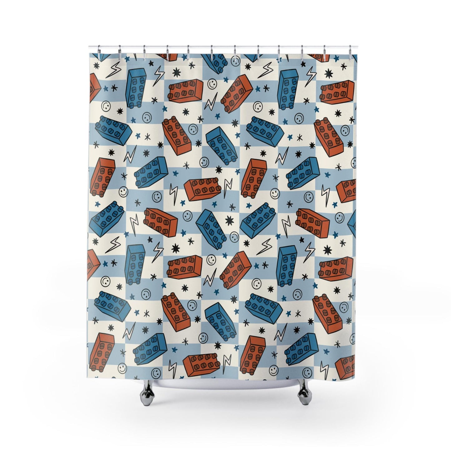 Boys Shower Curtain Blocks, Personalized boys bathroom shower kids curtain checkered, custom shower curtain, kids bathroom decor boys gift