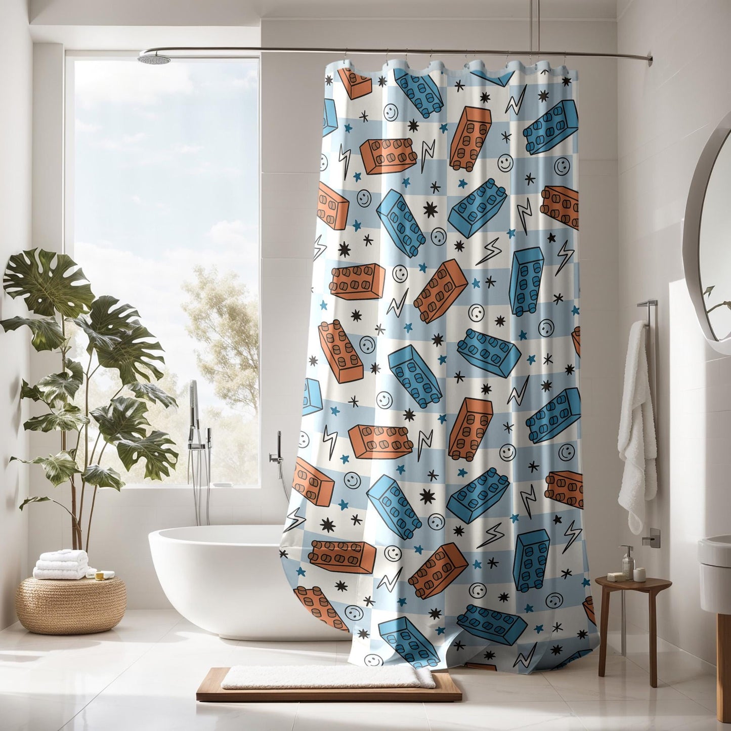 Boys Shower Curtain Blocks, Personalized boys bathroom shower kids curtain checkered, custom shower curtain, kids bathroom decor boys gift