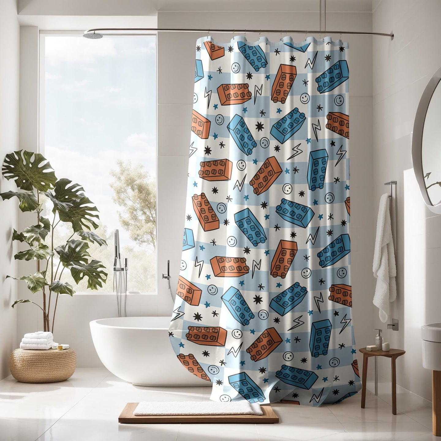 Boys Shower Curtain Blocks, Personalized boys bathroom shower kids curtain checkered, custom shower curtain, kids bathroom decor boys gift