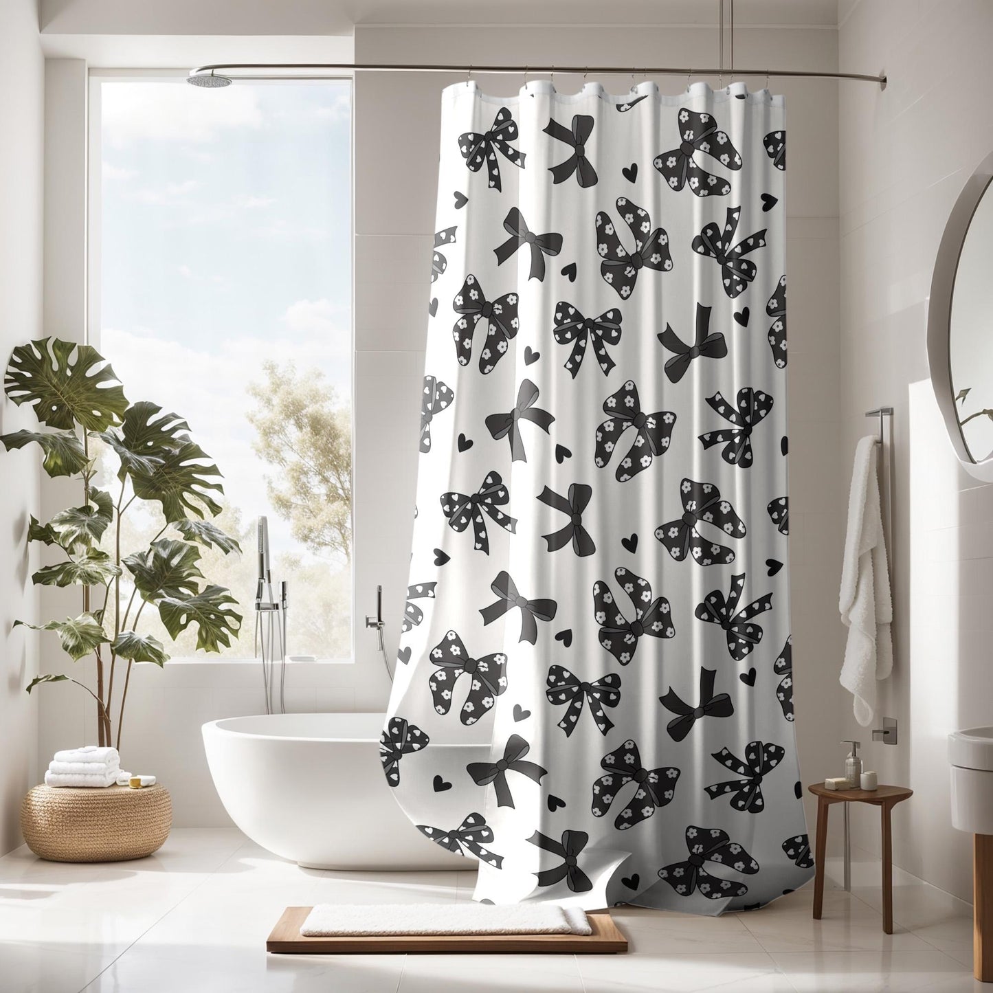 Black and white Bow Shower Curtain, custom trendy coquette bathroom decor, preppy shower curtain, aesthetic bathroom decor personalized