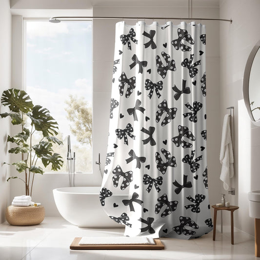 Black and white Bow Shower Curtain, custom trendy coquette bathroom decor, preppy shower curtain, aesthetic bathroom decor personalized