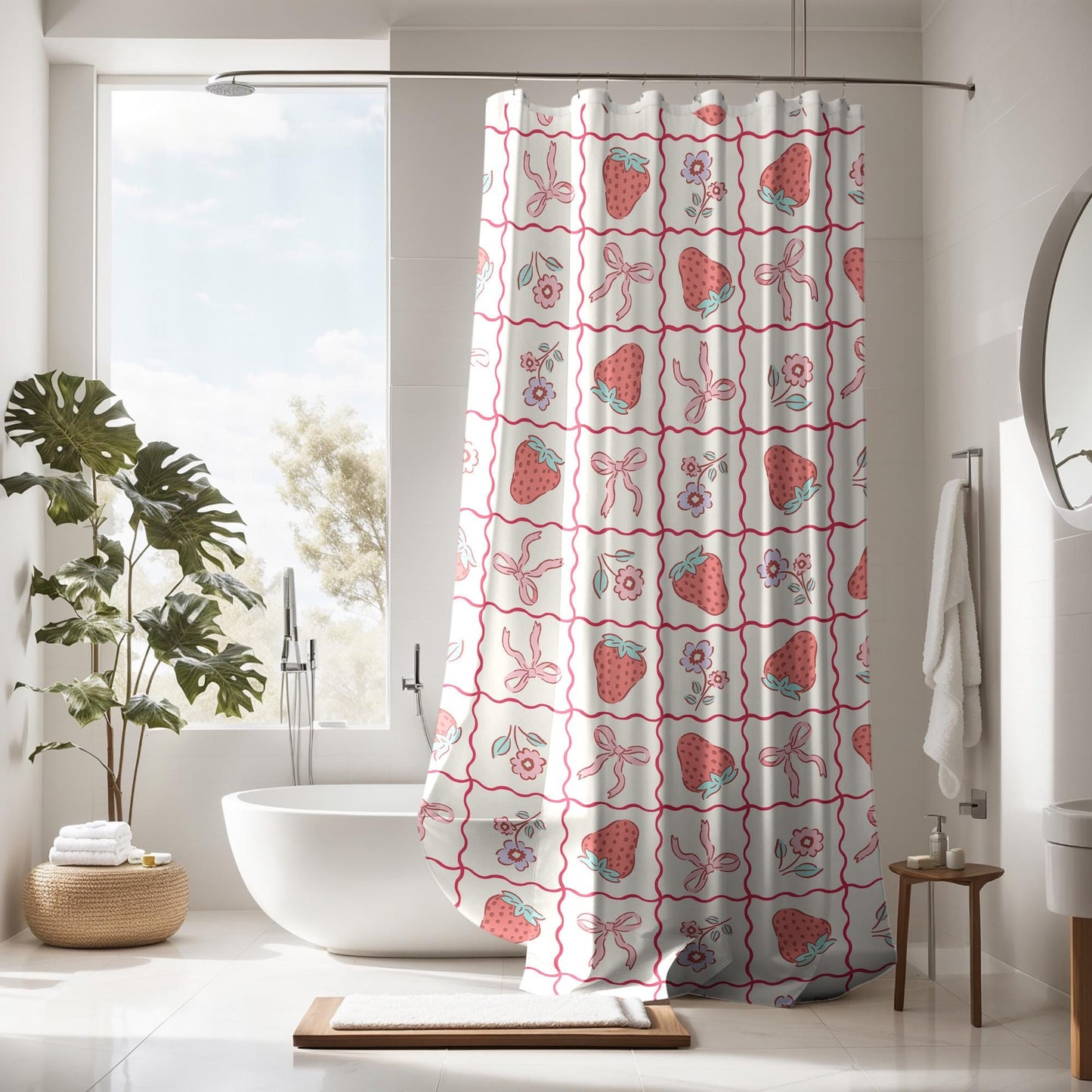 Strawberry Bow Shower Curtain Coquette decor, custom trendy coquette bathroom decor, preppy shower curtain, aesthetic bathroom personalized