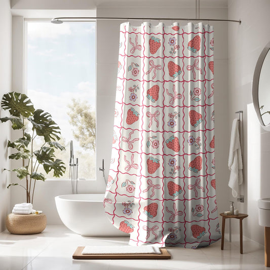 Strawberry Bow Shower Curtain Coquette decor, custom trendy coquette bathroom decor, preppy shower curtain, aesthetic bathroom personalized