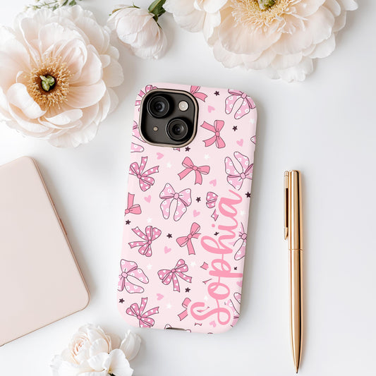 Custom Pink Bow phone case iphone 16, 15, 14, 13 Pro Max, MAGSAFE tough Iphone case coquette, preppy personalized phone case trendy girly